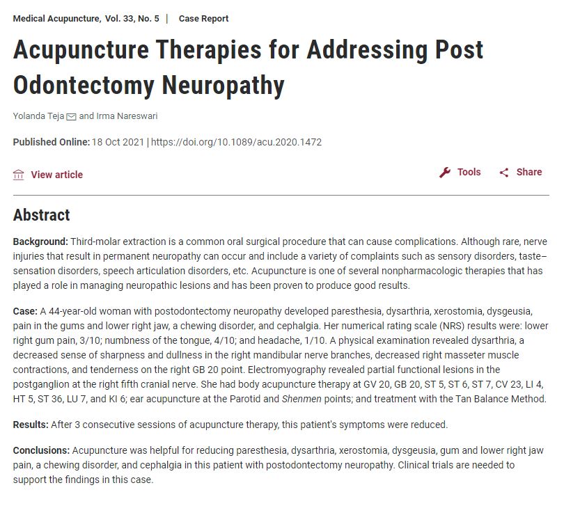 Acupuncture Therapies for Addressing Post Odontectomy Neuropathy - Perhimpunan Dokter Spesialis Akupunktur Medik Indonesia